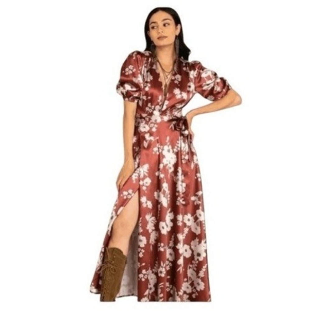 Joyfolie Lucerine Floral Wrap Dress Rust White Maxi Dress 3/4 Sleeve V-Neck XS‎